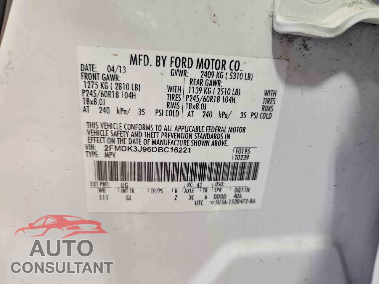 FORD EDGE 2013 - 2FMDK3J96DBC16221
