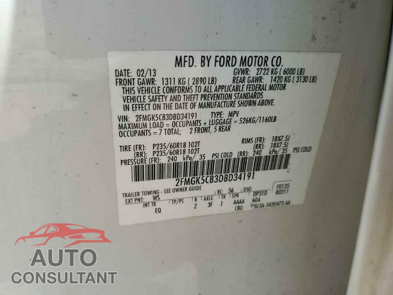 FORD FLEX 2013 - 2FMGK5C83DBD34191