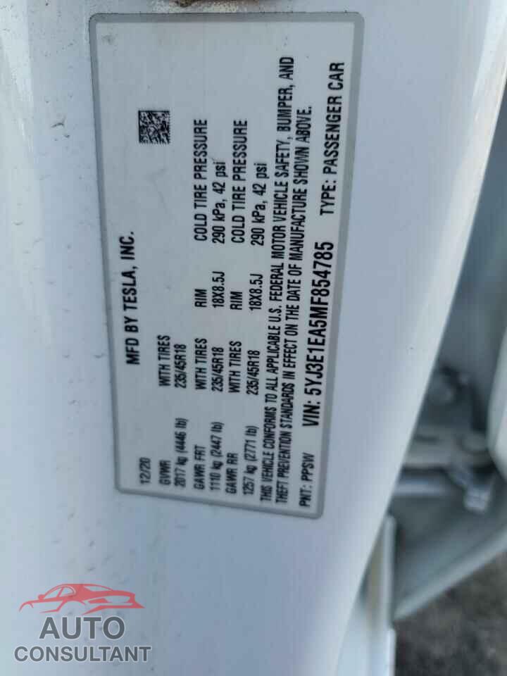TESLA MODEL 3 2021 - 5YJ3E1EA5MF854785