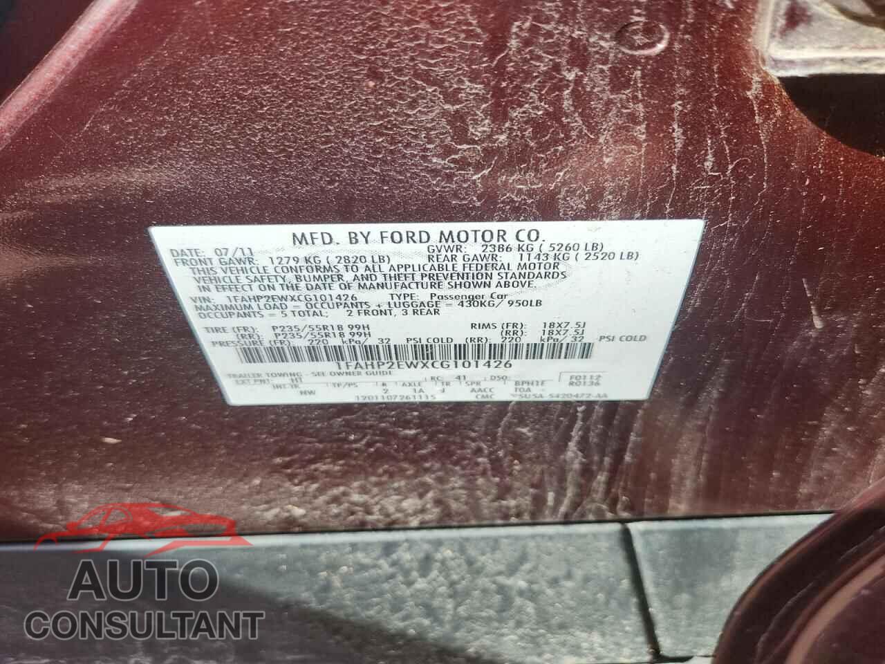 FORD TAURUS 2012 - 1FAHP2EWXCG101426