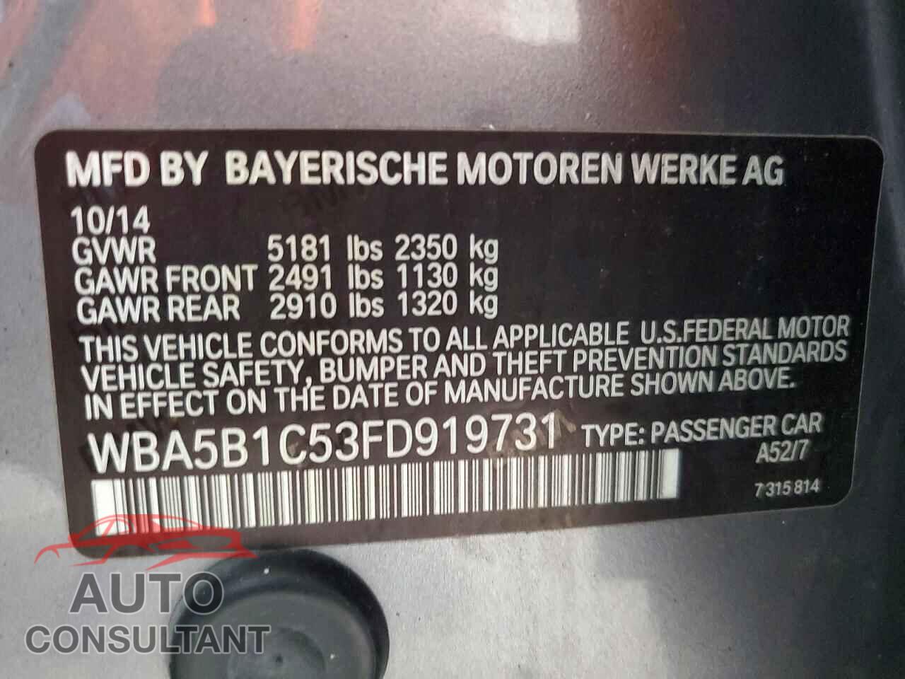BMW 5 SERIES 2015 - WBA5B1C53FD919731