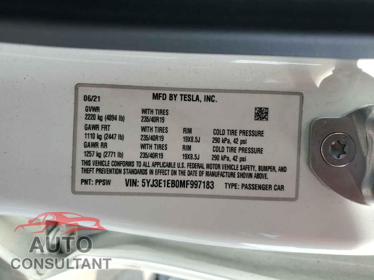 TESLA MODEL 3 2021 - 5YJ3E1EB0MF997183