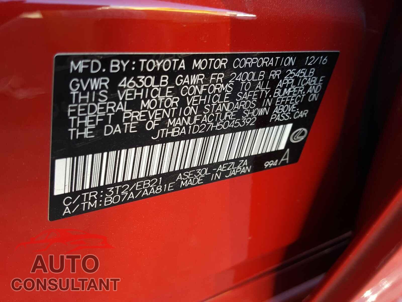 LEXUS IS 2017 - JTHBA1D27H5045392