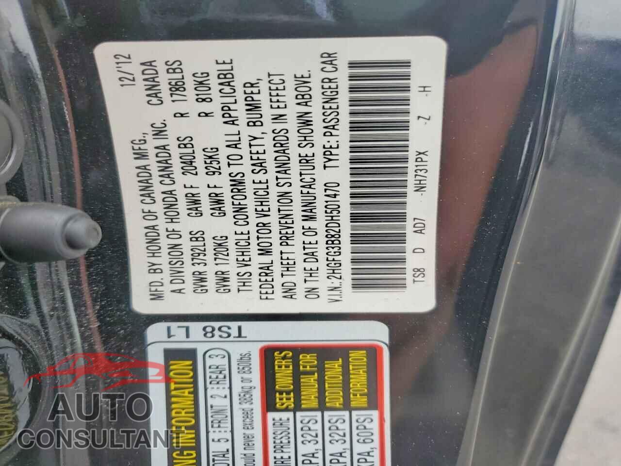 HONDA CIVIC 2013 - 2HGFG3B82DH501470