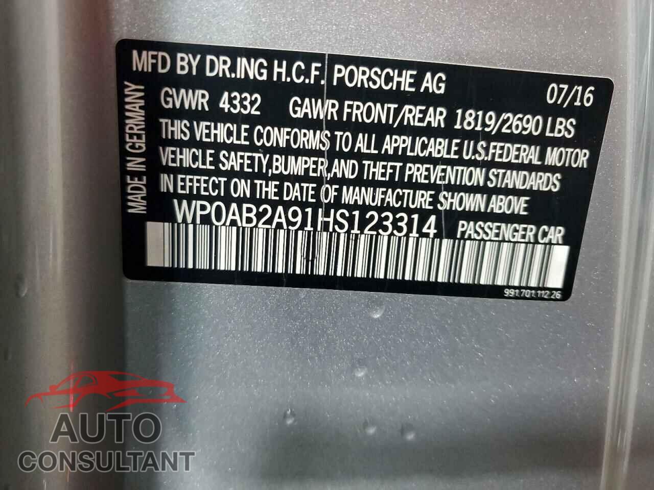 PORSCHE 911 2017 - WP0AB2A91HS123314