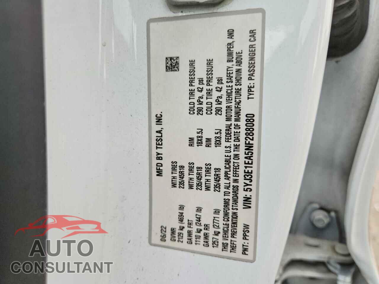 TESLA MODEL 3 2022 - 5YJ3E1EA5NF288080