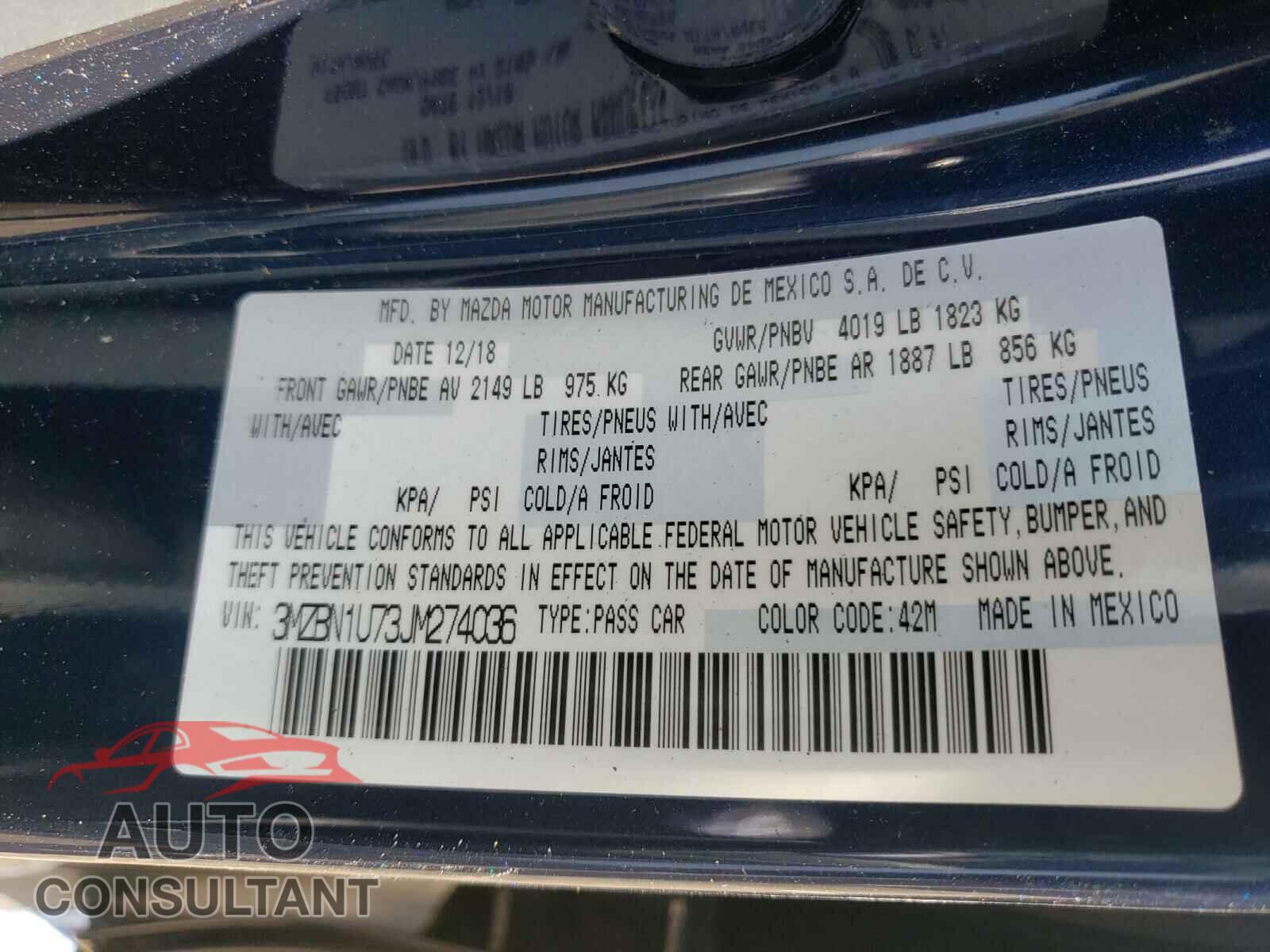 MAZDA 3 2018 - 3MZBN1U73JM274036