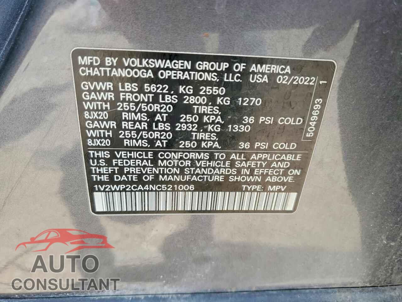 VOLKSWAGEN ATLAS 2022 - 1V2WP2CA4NC521006