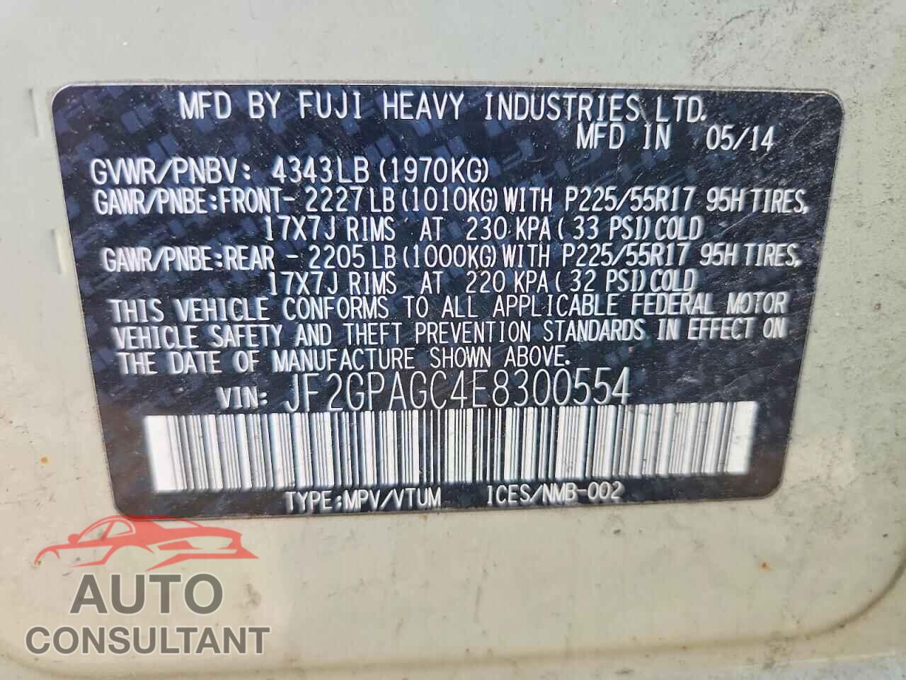 SUBARU XV 2014 - JF2GPAGC4E8300554