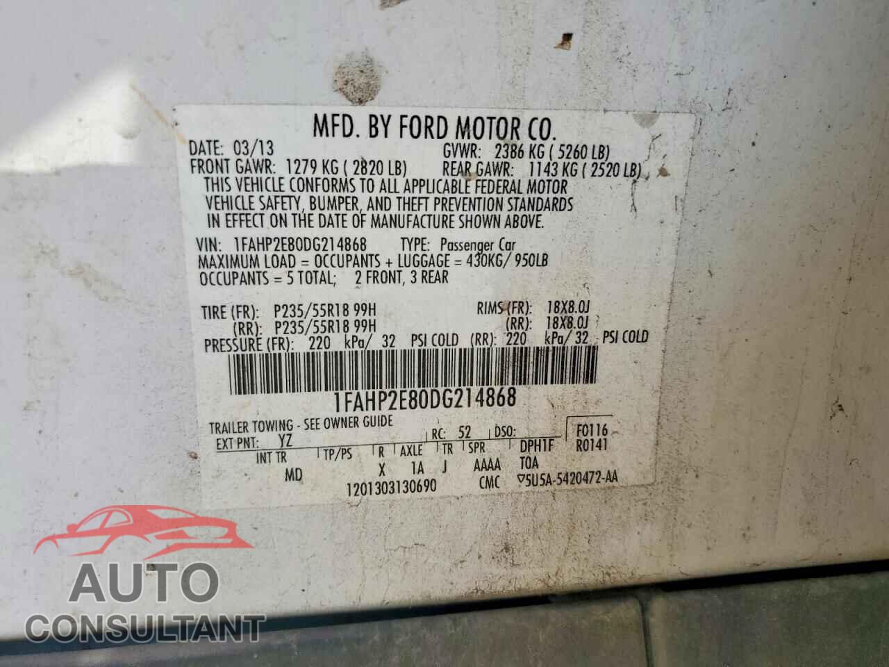 FORD TAURUS 2013 - 1FAHP2E80DG214868