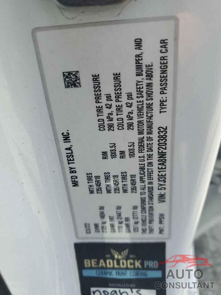 TESLA MODEL 3 2022 - 5YJ3E1EA8NF203832