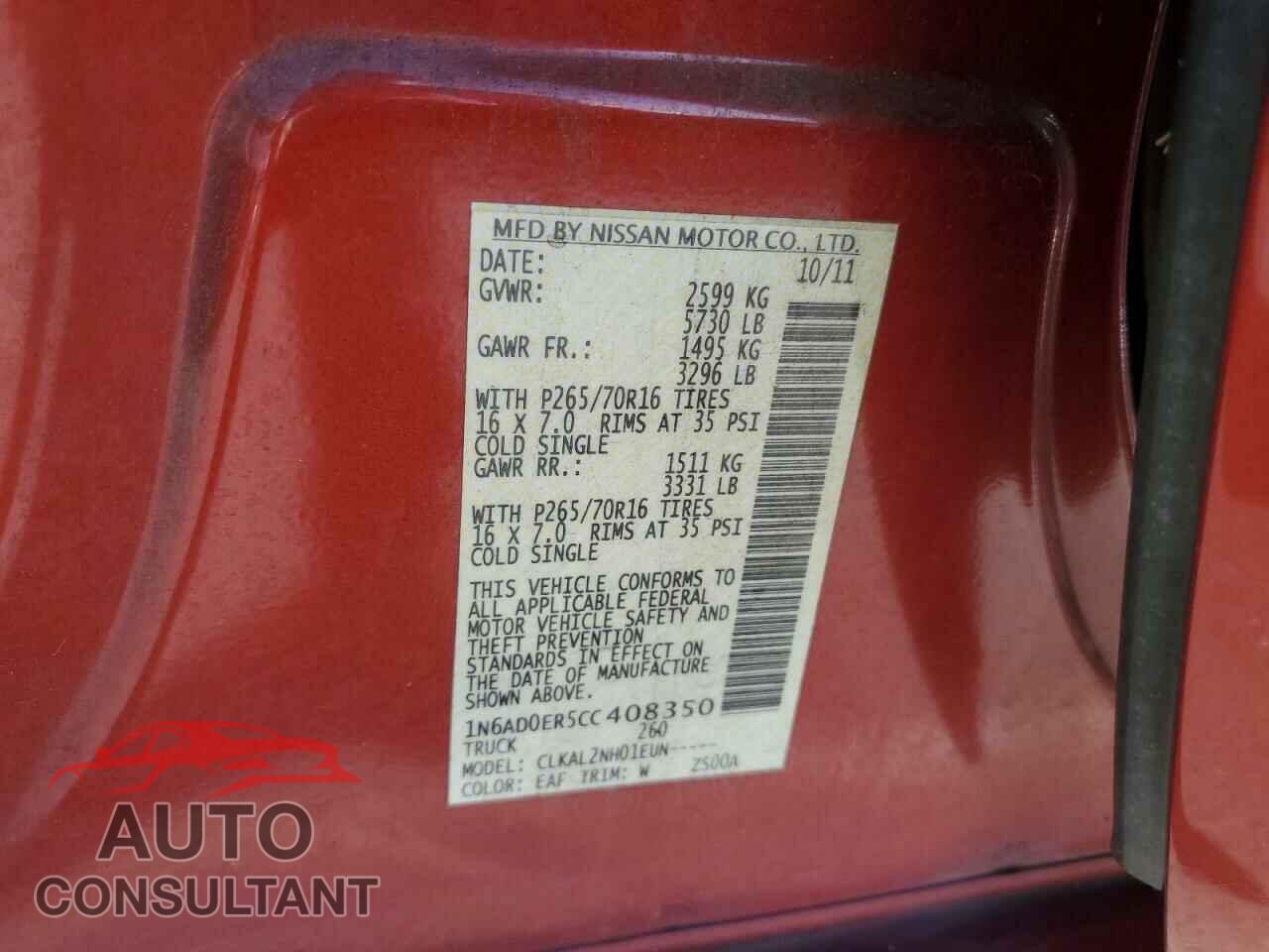 NISSAN FRONTIER 2012 - 1N6AD0ER5CC408350