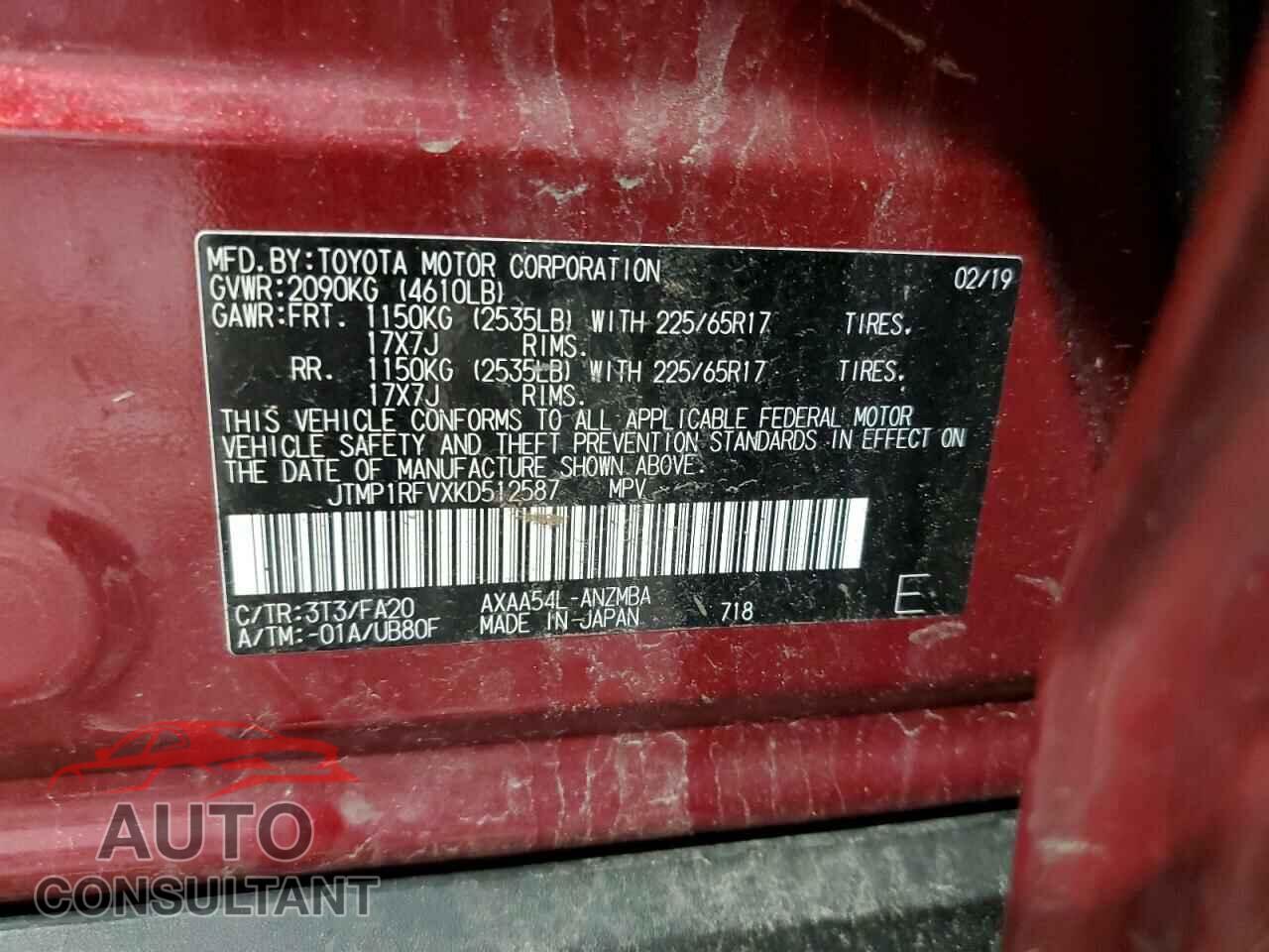 TOYOTA RAV4 2019 - JTMP1RFVXKD512587