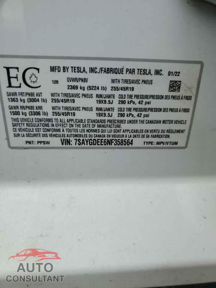 TESLA MODEL Y 2022 - 7SAYGDEE6NF358564