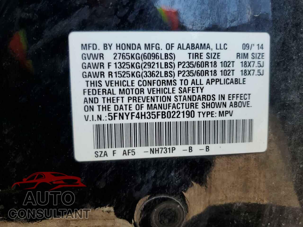 HONDA PILOT 2015 - 5FNYF4H35FB022190