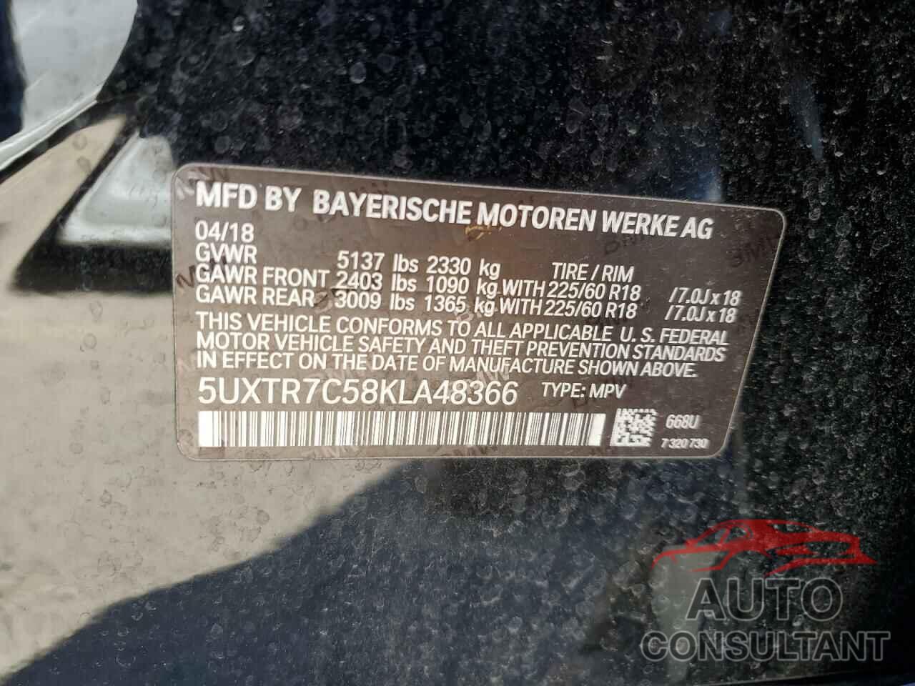 BMW X3 2019 - 5UXTR7C58KLA48366