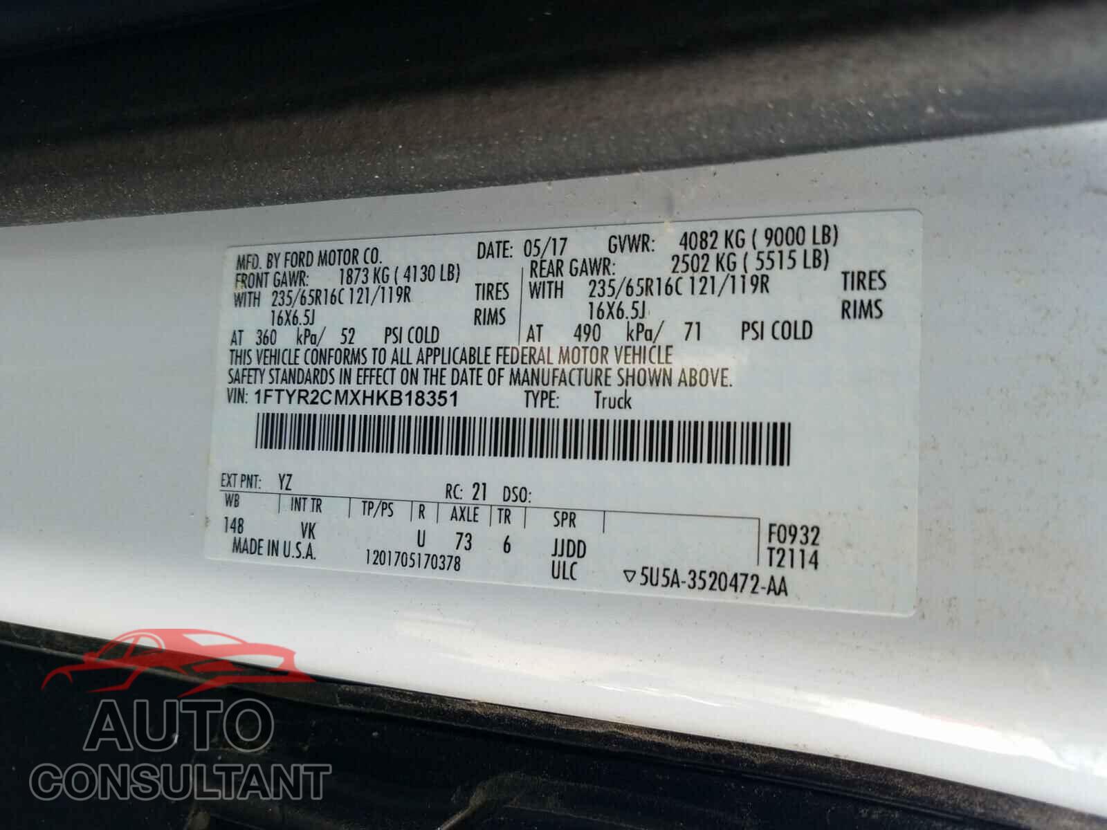 FORD TRANSIT CO 2017 - 1FTYR2CMXHKB18351