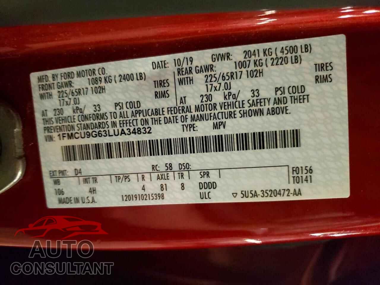 FORD ESCAPE 2020 - 1FMCU9G63LUA34832