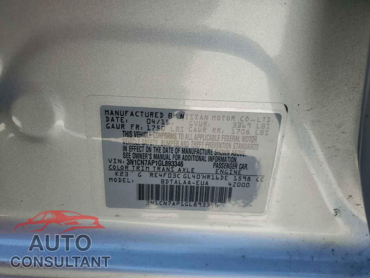 NISSAN VERSA 2016 - 3N1CN7AP1GL893346