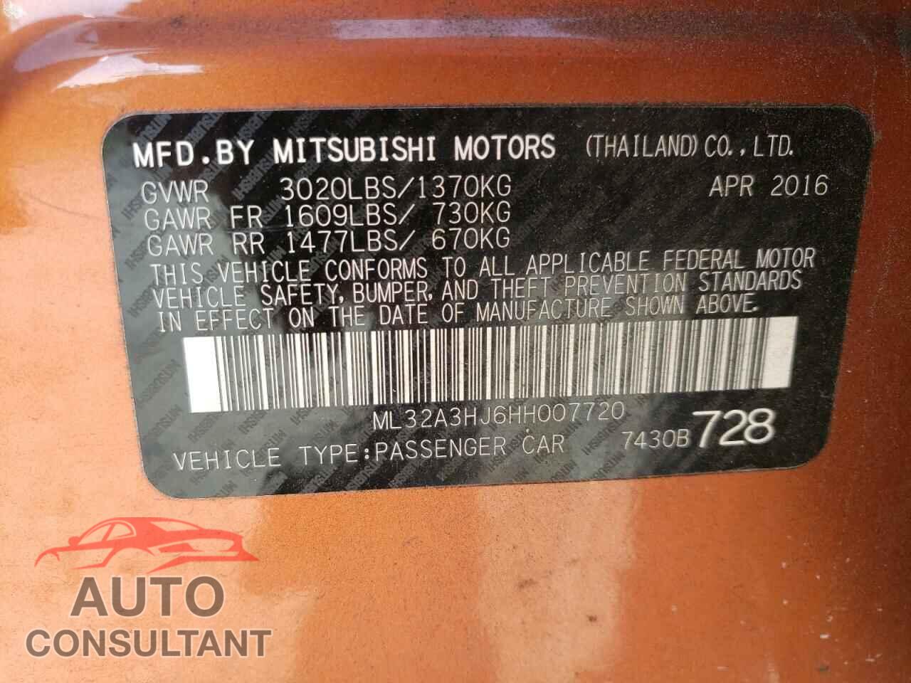 MITSUBISHI MIRAGE 2017 - ML32A3HJ6HH007720