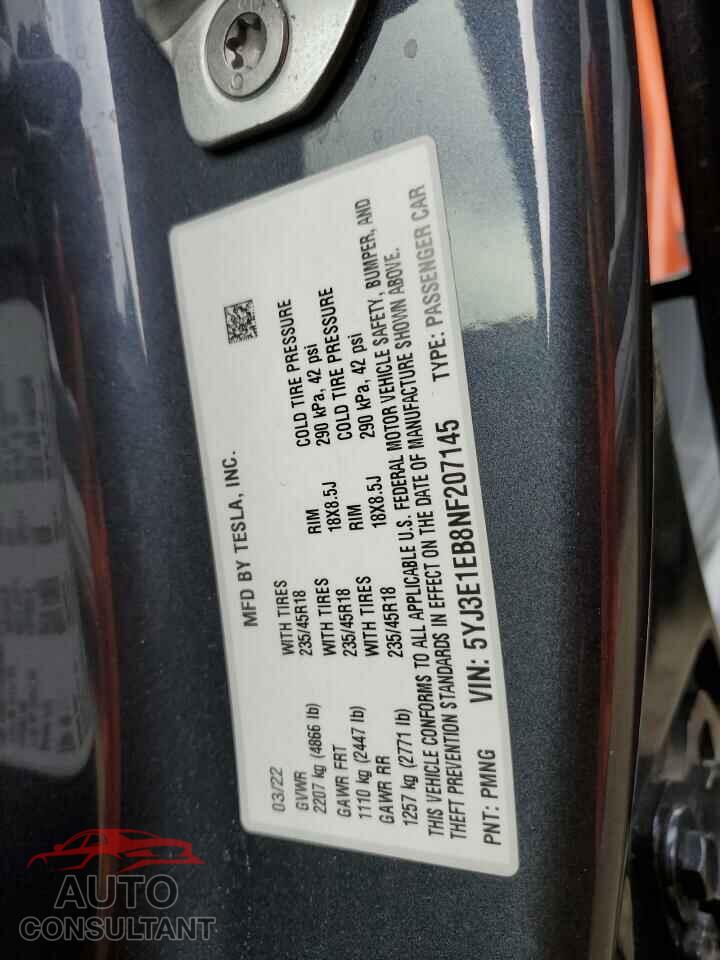 TESLA MODEL 3 2022 - 5YJ3E1EB8NF207145
