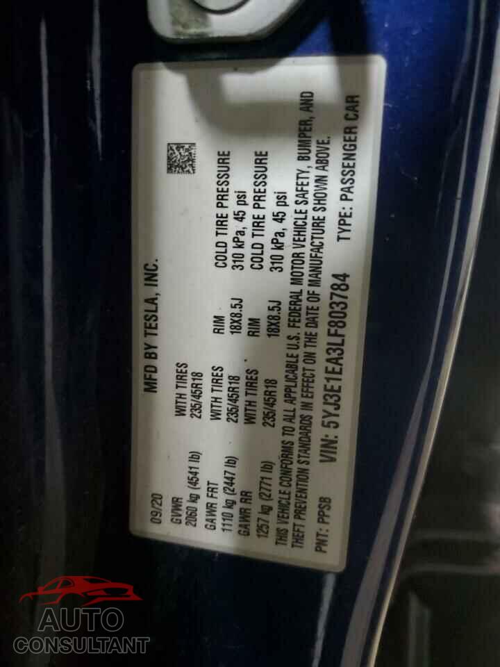 TESLA MODEL 3 2020 - 5YJ3E1EA3LF803784