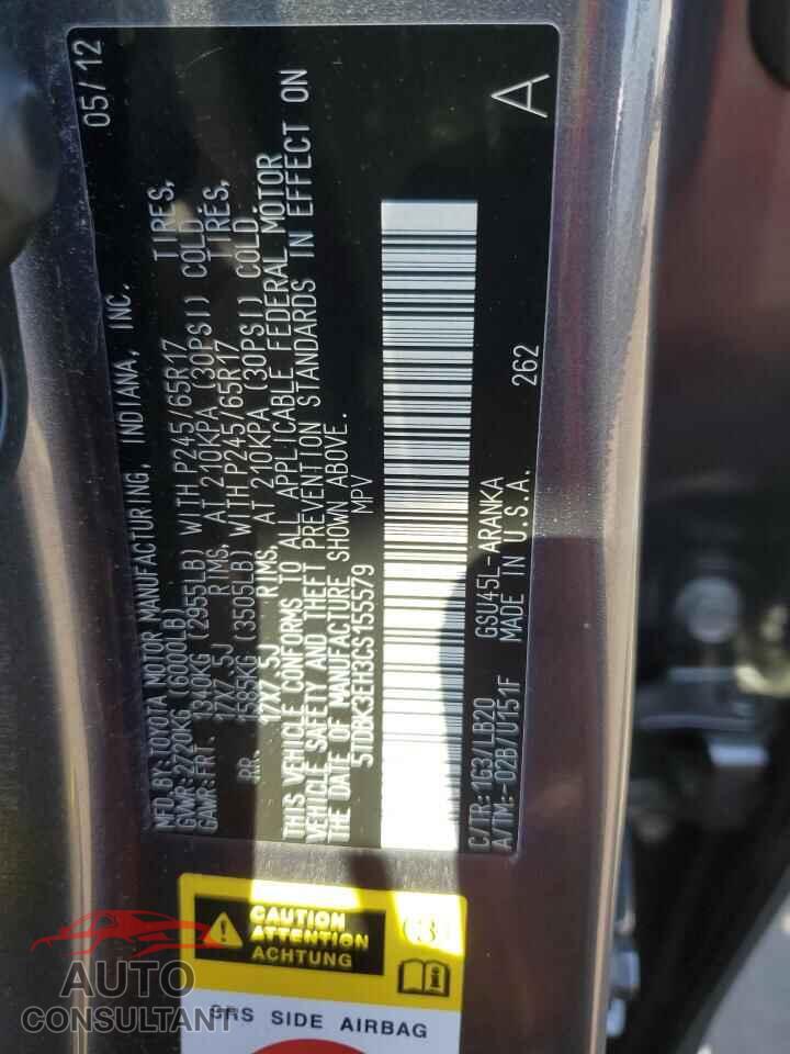 TOYOTA HIGHLANDER 2012 - 5TDBK3EH3CS155579