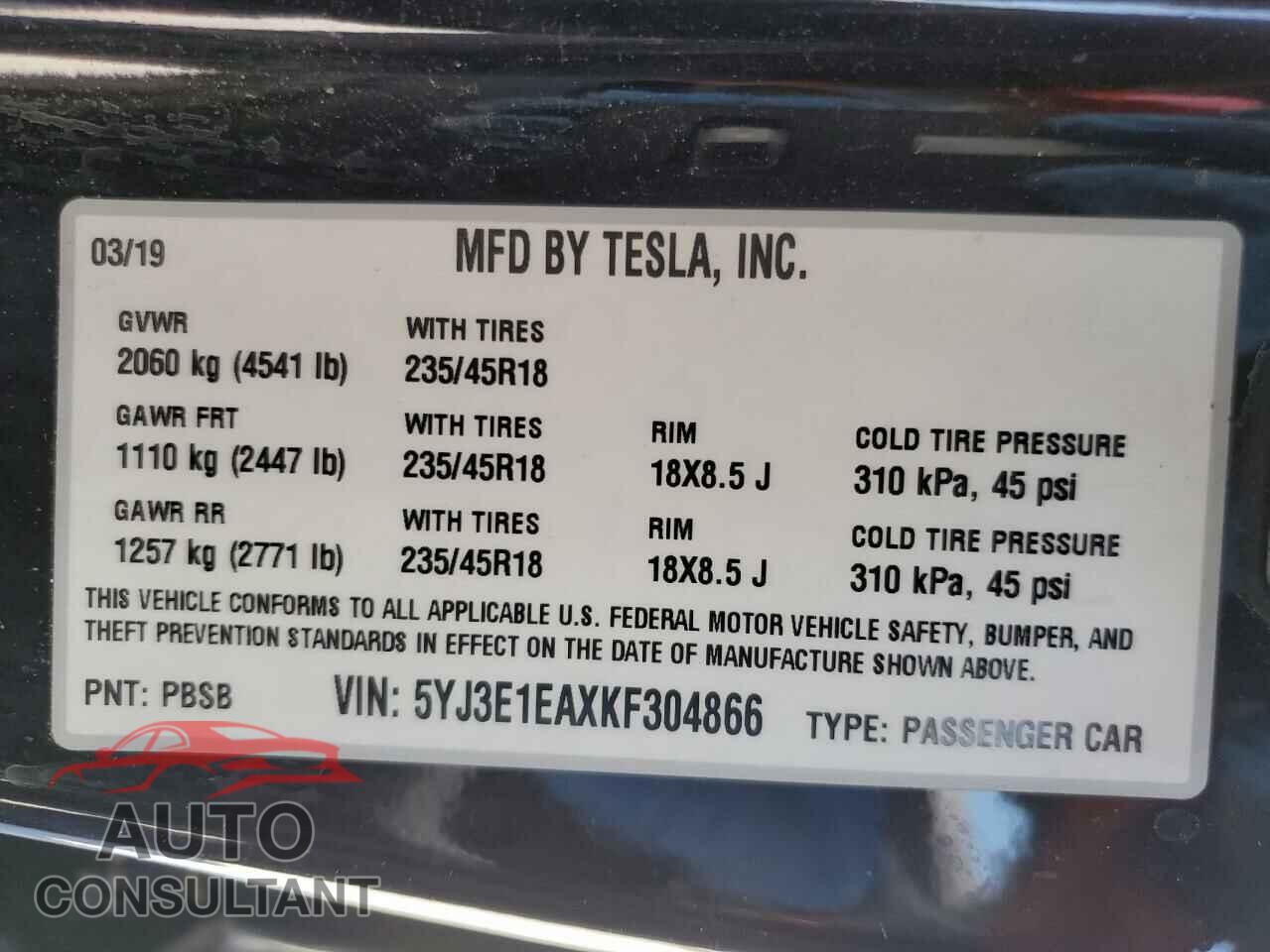 TESLA MODEL 3 2019 - 5YJ3E1EAXKF304866