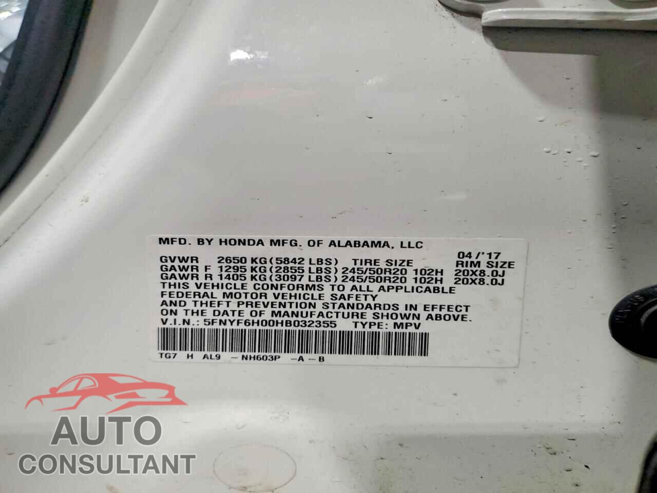 HONDA PILOT 2017 - 5FNYF6H00HB032355