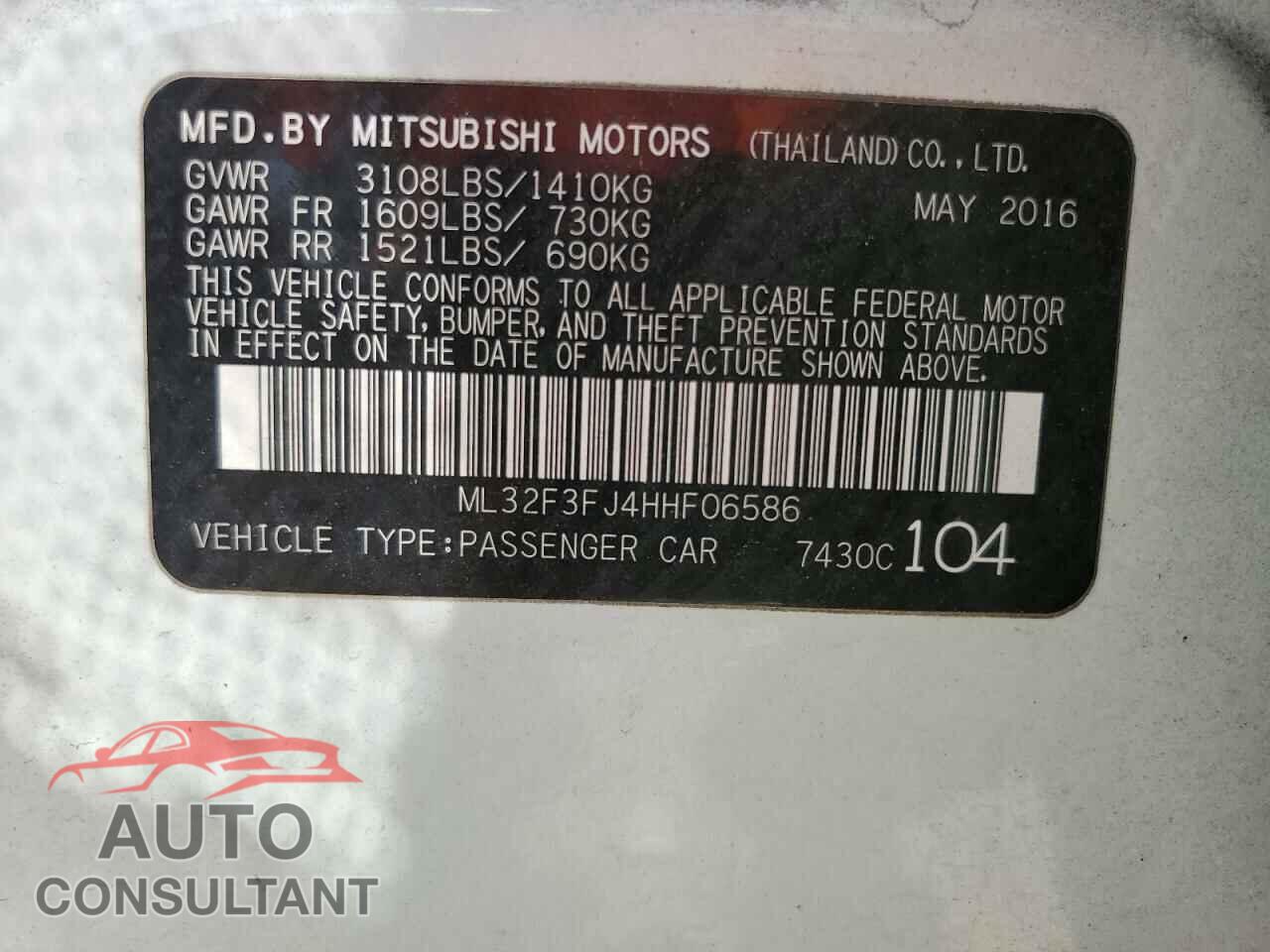 MITSUBISHI MIRAGE 2017 - ML32F3FJ4HHF06586