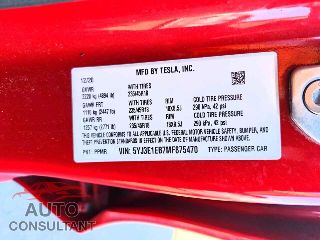 TESLA MODEL 3 2021 - 5YJ3E1EB7MF875470
