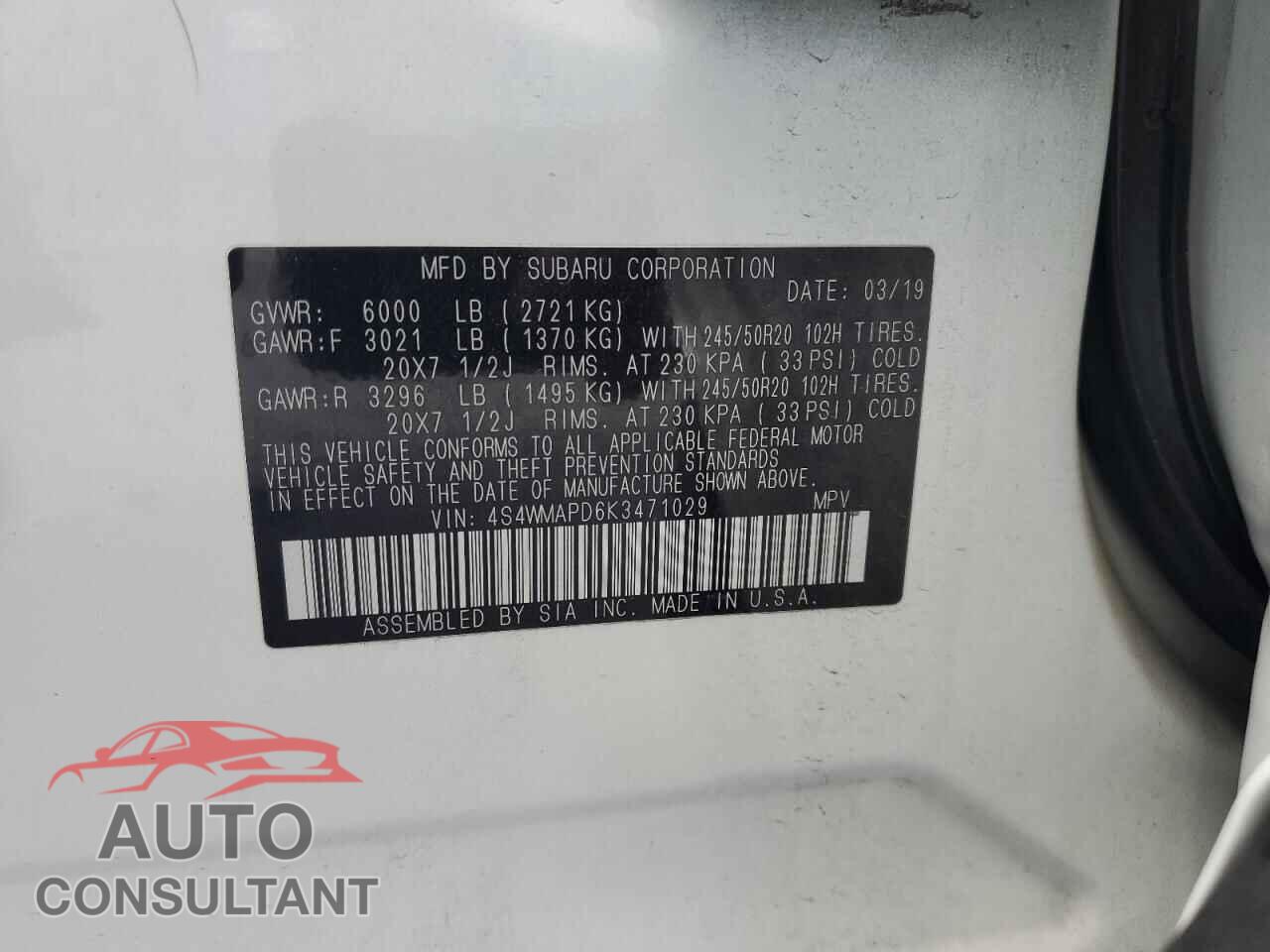 SUBARU ASCENT 2019 - 4S4WMAPD6K3471029