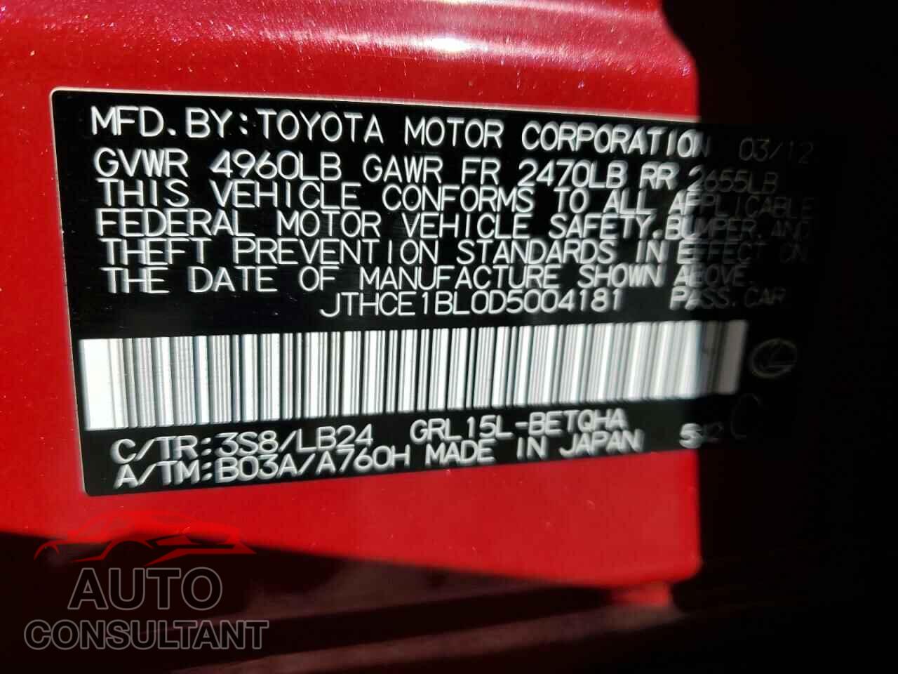 LEXUS GS350 2013 - JTHCE1BL0D5004181
