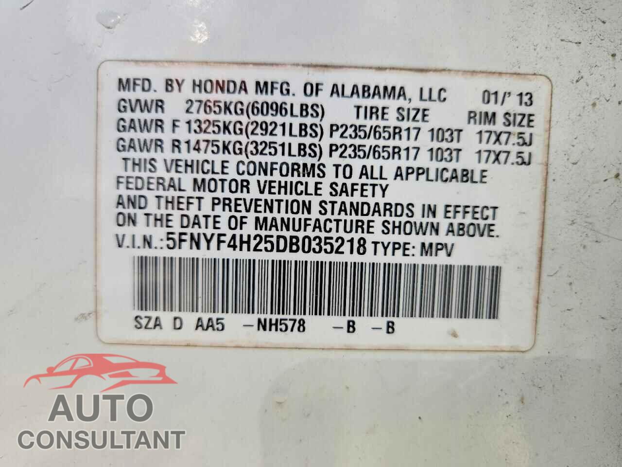HONDA PILOT 2013 - 5FNYF4H25DB035218