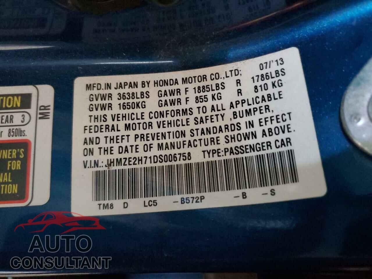 HONDA INSIGHT 2013 - JHMZE2H71DS006758