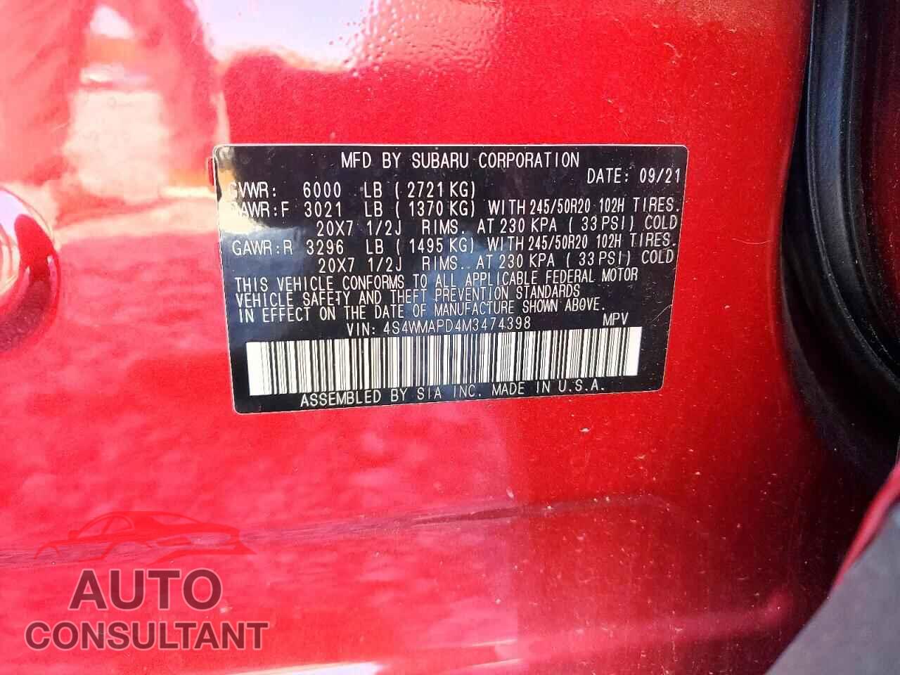 SUBARU ASCENT 2021 - 4S4WMAPD4M3474398