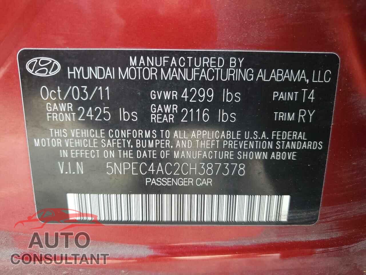 HYUNDAI SONATA 2012 - 5NPEC4AC2CH387378