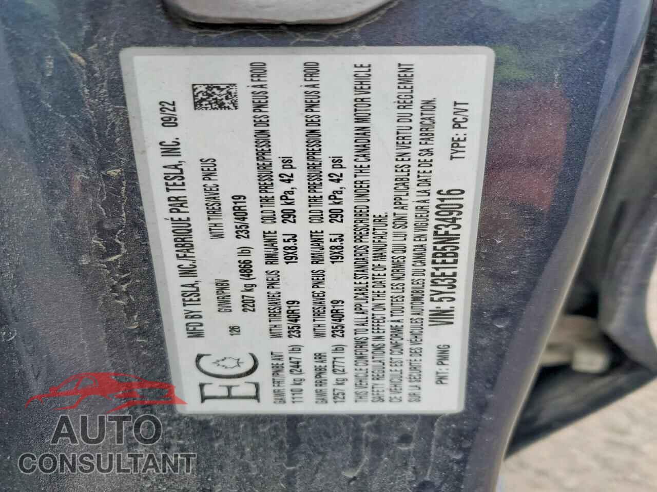 TESLA MODEL 3 2022 - 5YJ3E1EB5NF349016
