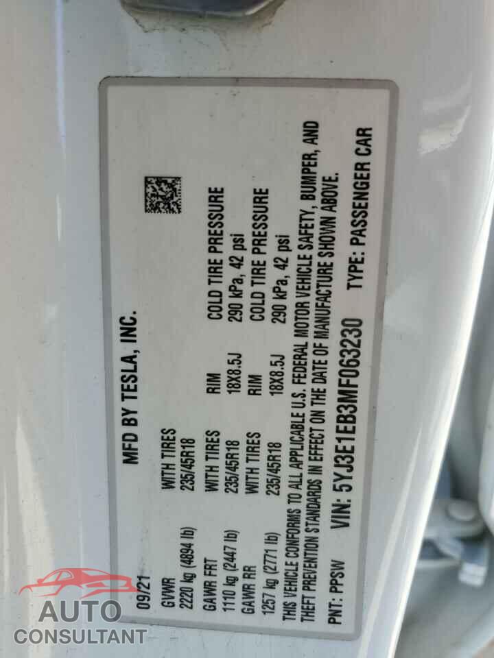 TESLA MODEL 3 2021 - 5YJ3E1EB3MF063230
