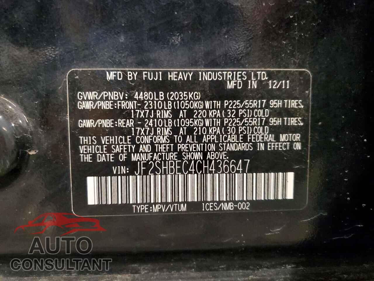 SUBARU FORESTER 2012 - JF2SHBEC4CH436647