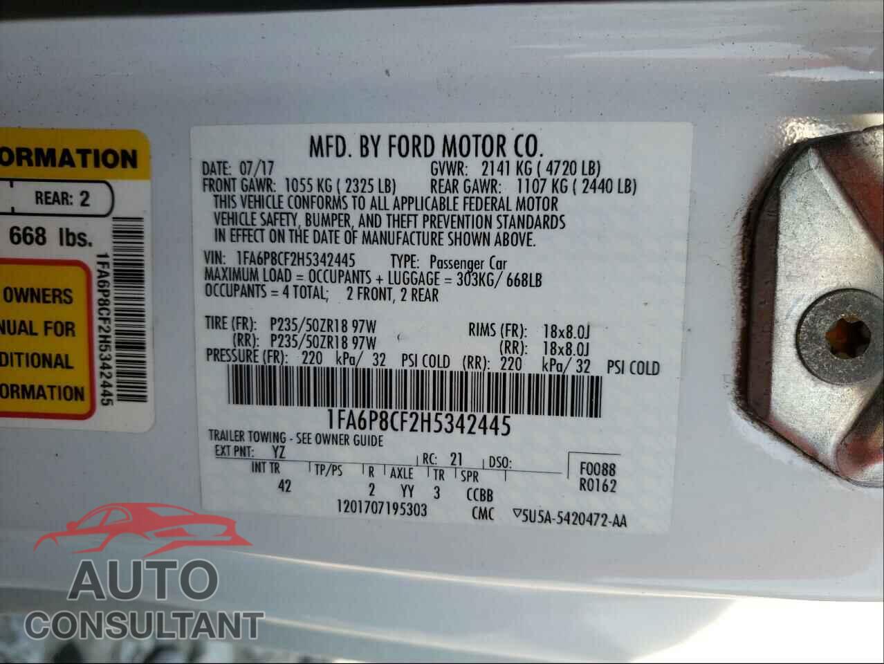 FORD MUSTANG 2017 - 1FA6P8CF2H5342445