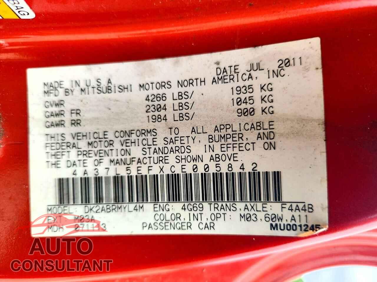 MITSUBISHI ECLIPSE 2012 - 4A37L5EFXCE005842