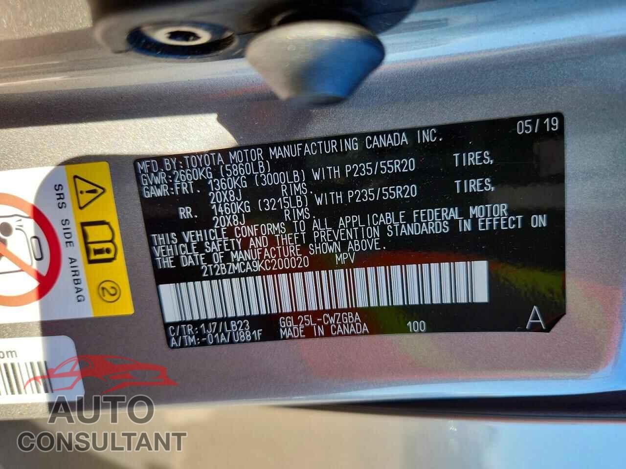 LEXUS RX350 2019 - 2T2BZMCA9KC200020