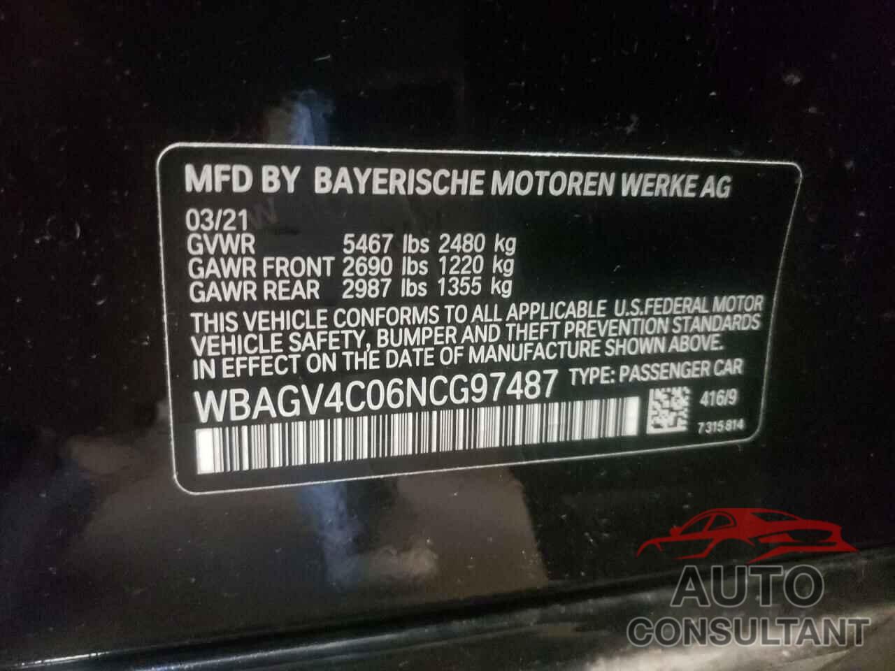 BMW 8 SERIES 2022 - WBAGV4C06NCG97487