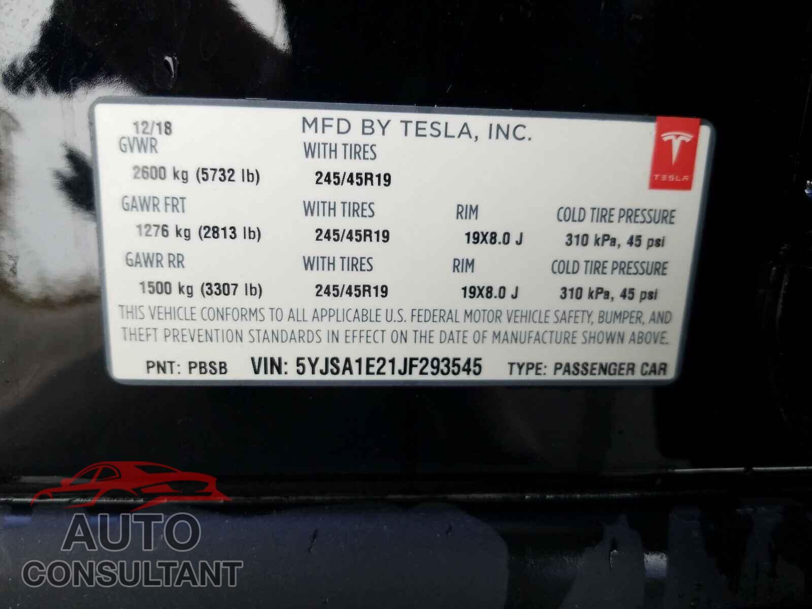 TESLA MODEL S 2018 - 5YJSA1E21JF293545
