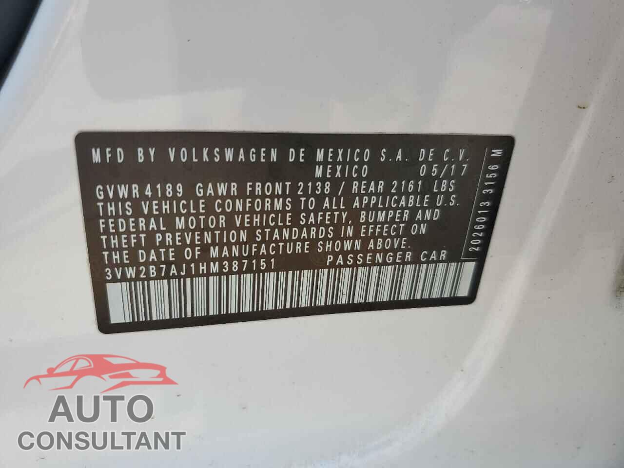 VOLKSWAGEN JETTA 2017 - 3VW2B7AJ1HM387151