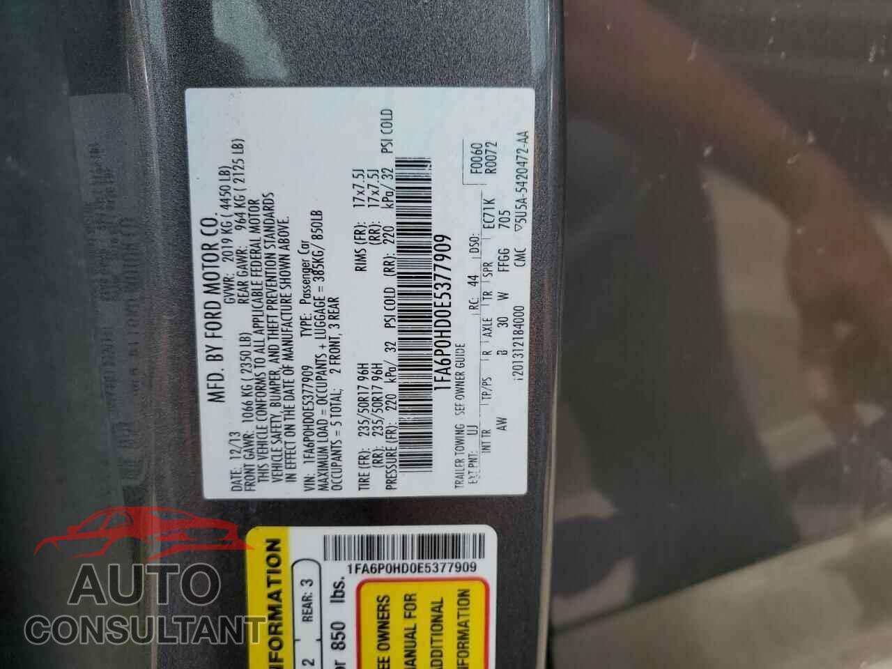 FORD FUSION 2014 - 1FA6P0HD0E5377909