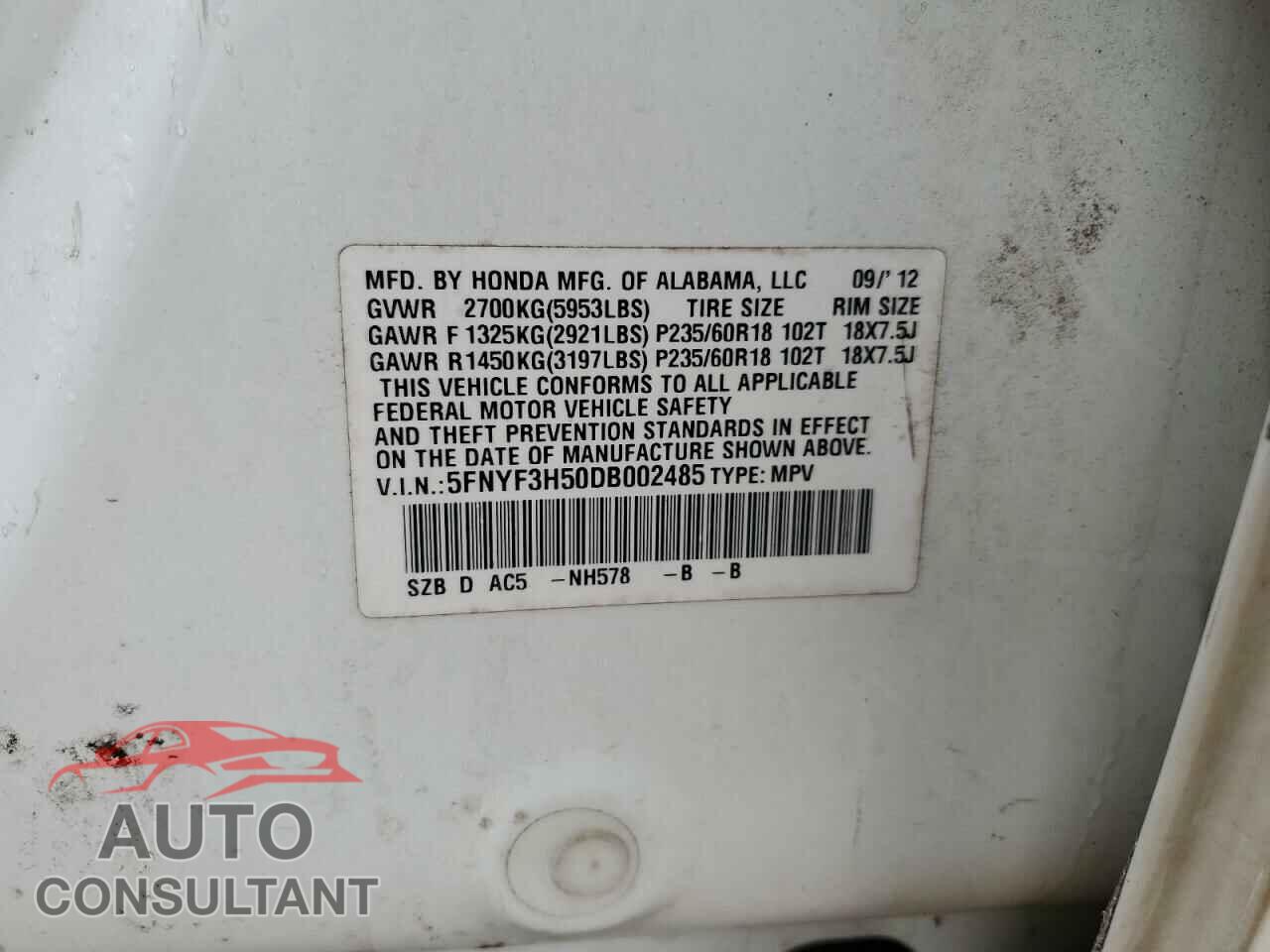 HONDA PILOT 2013 - 5FNYF3H50DB002485