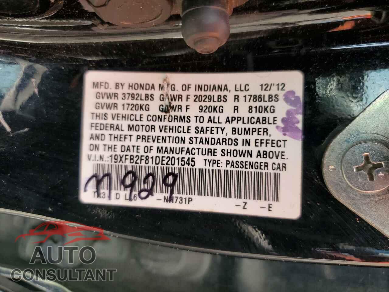 HONDA CIVIC 2013 - 19XFB2F81DE201545