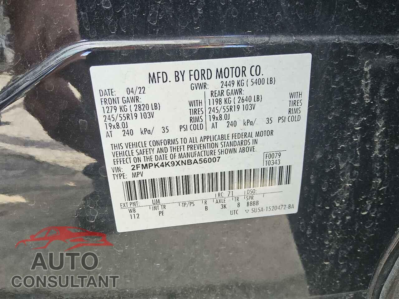 FORD EDGE 2022 - 2FMPK4K9XNBA56007